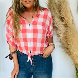 EXPRESS Pink Salmon White Checkered Picnic Button Tie Front Blouse Shirt Top S